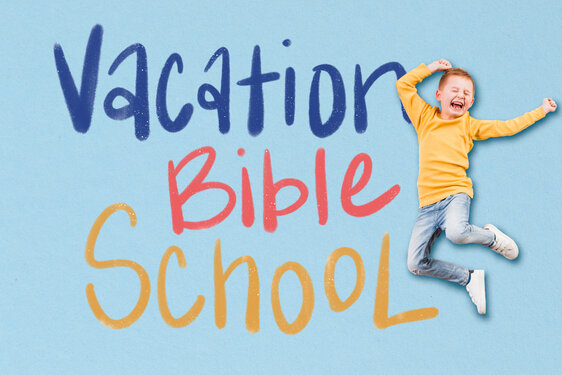 Boy Jumping and Laughing with Vacation Bible School Graphic