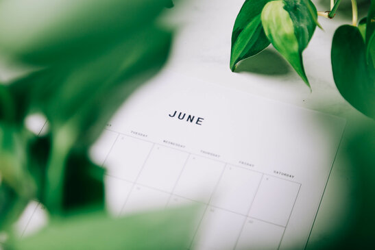 Printed June Calendar Behind Greenery