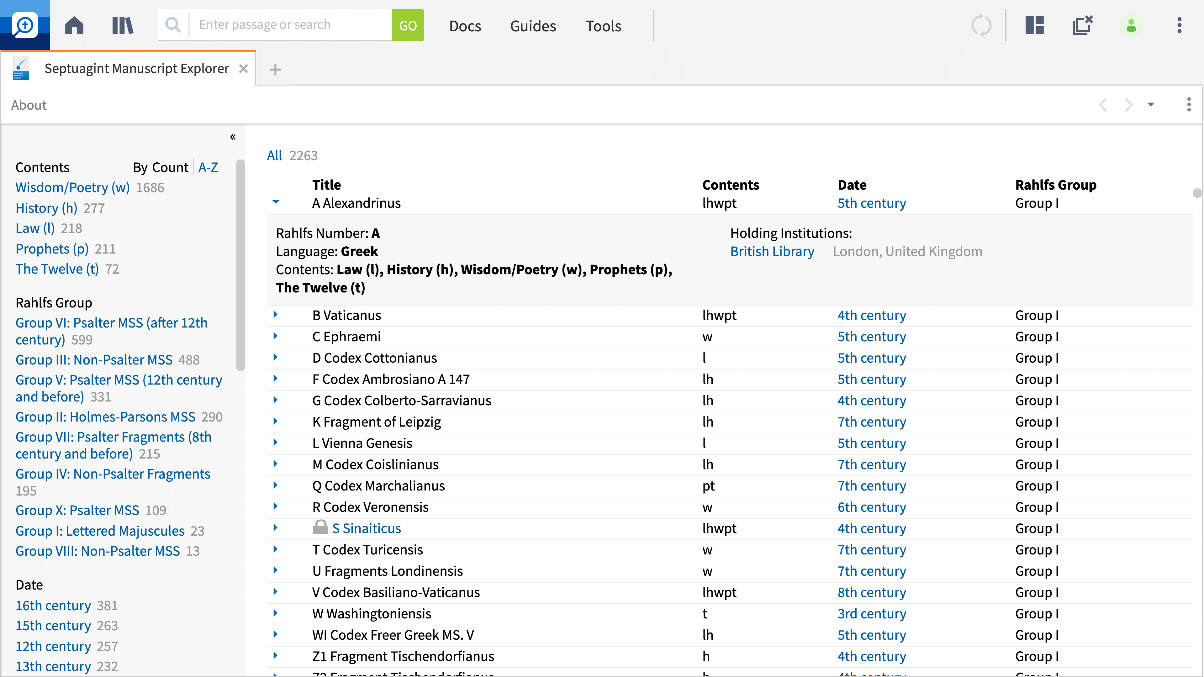 Septuagint Manuscript Explorer Interactive