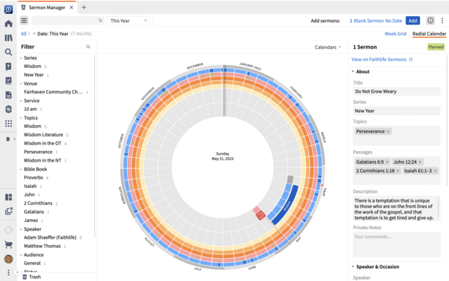 The Sermon Manager is showing a radial calendar with different sermon series planned throughout the year.