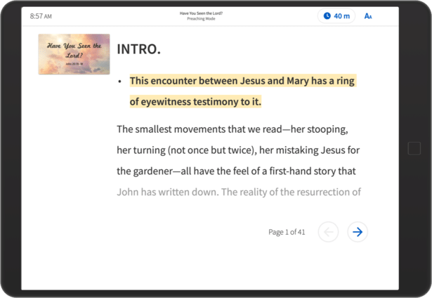 An iPad is showing Logos' new Preaching Mode feature.