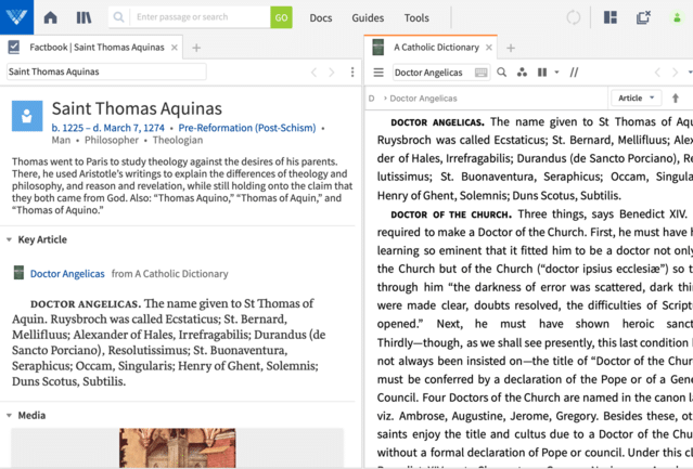 Verbum is open to two side-by-side panes: on the right, A Catholic Dictionary is open to Doctor Angelicas, and on the right, the Factbook is open to the entry on St. Thomas Aquinas. The Factbook is also displaying an excerpt from A Catholic Dictionary related to St. Thomas Aquinas.