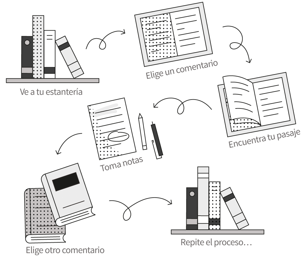 Ve a tu estantería. Elige un comentario. Encuentra tu pasaje. Toma notas. Escoge otro comentario. Repite el proceso...