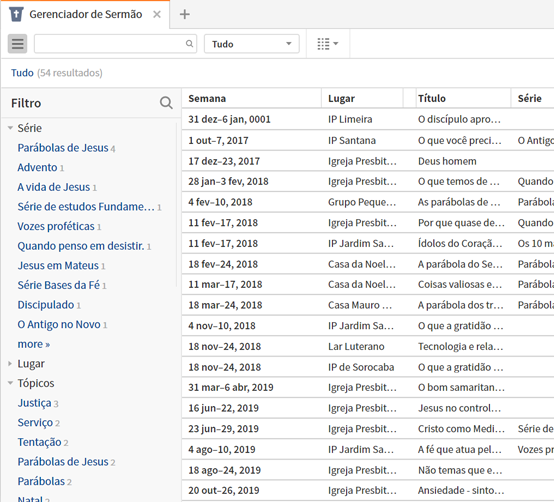 The Sermon Manager is showing a table view of upcoming sermons, in chronological order.