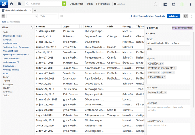 The Sermon Manager is showing a table view of upcoming sermon series, sorted in chronological order.