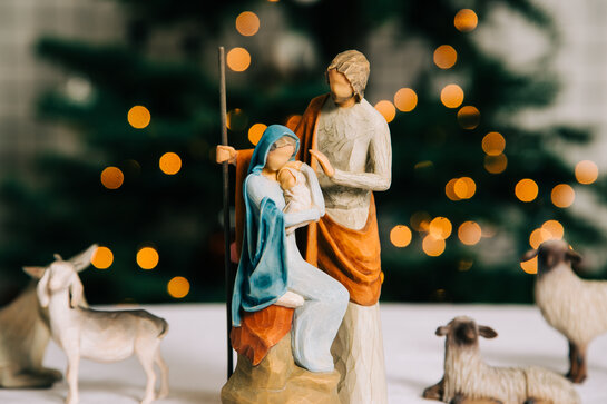 Nativity Scene in Front of the Christmas Tree