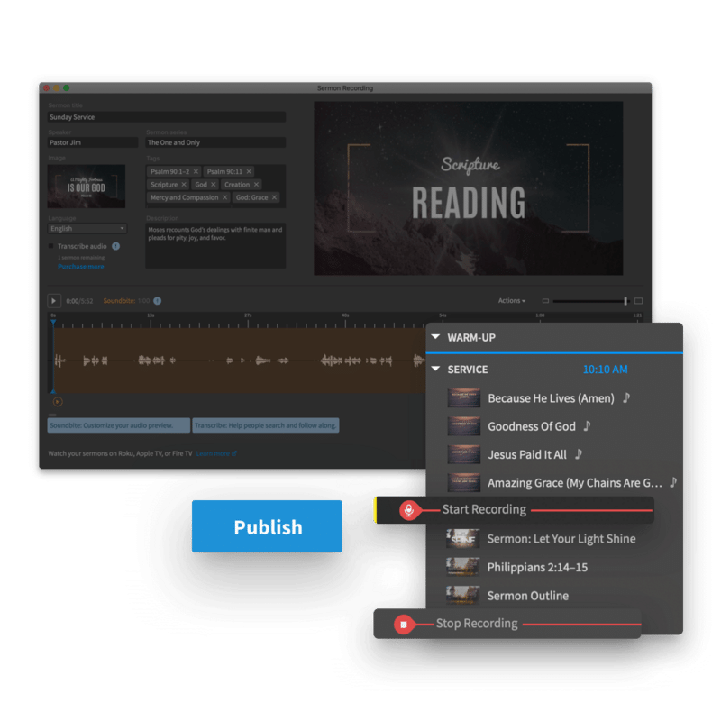 Proclaim sermon recording interface with cues