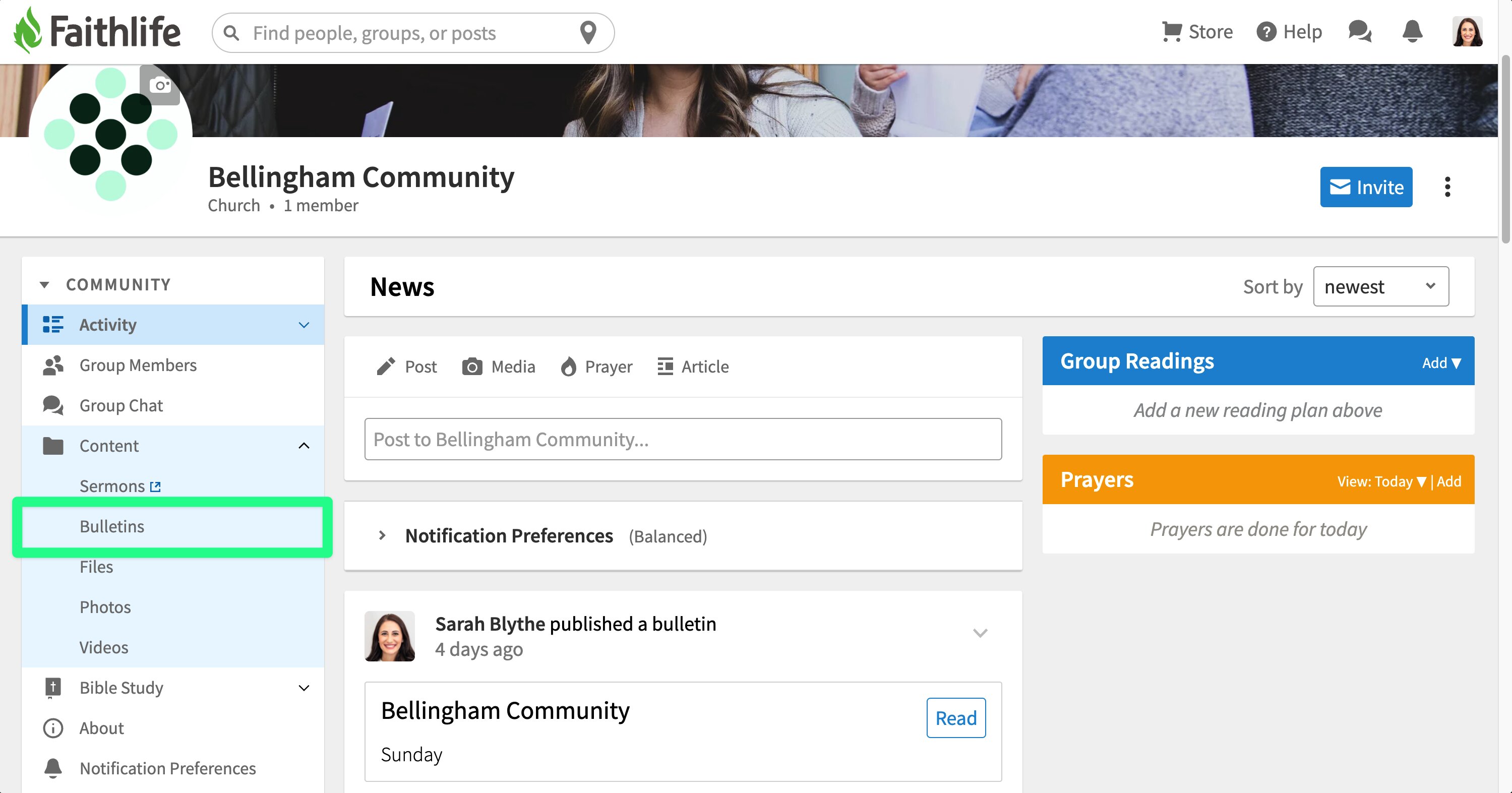 Bulletins option in Content sidebar
