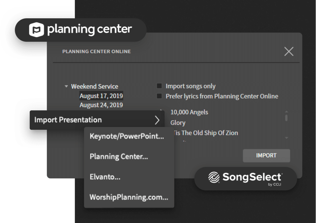 Proclaim integrations with CCLI and Planning Center