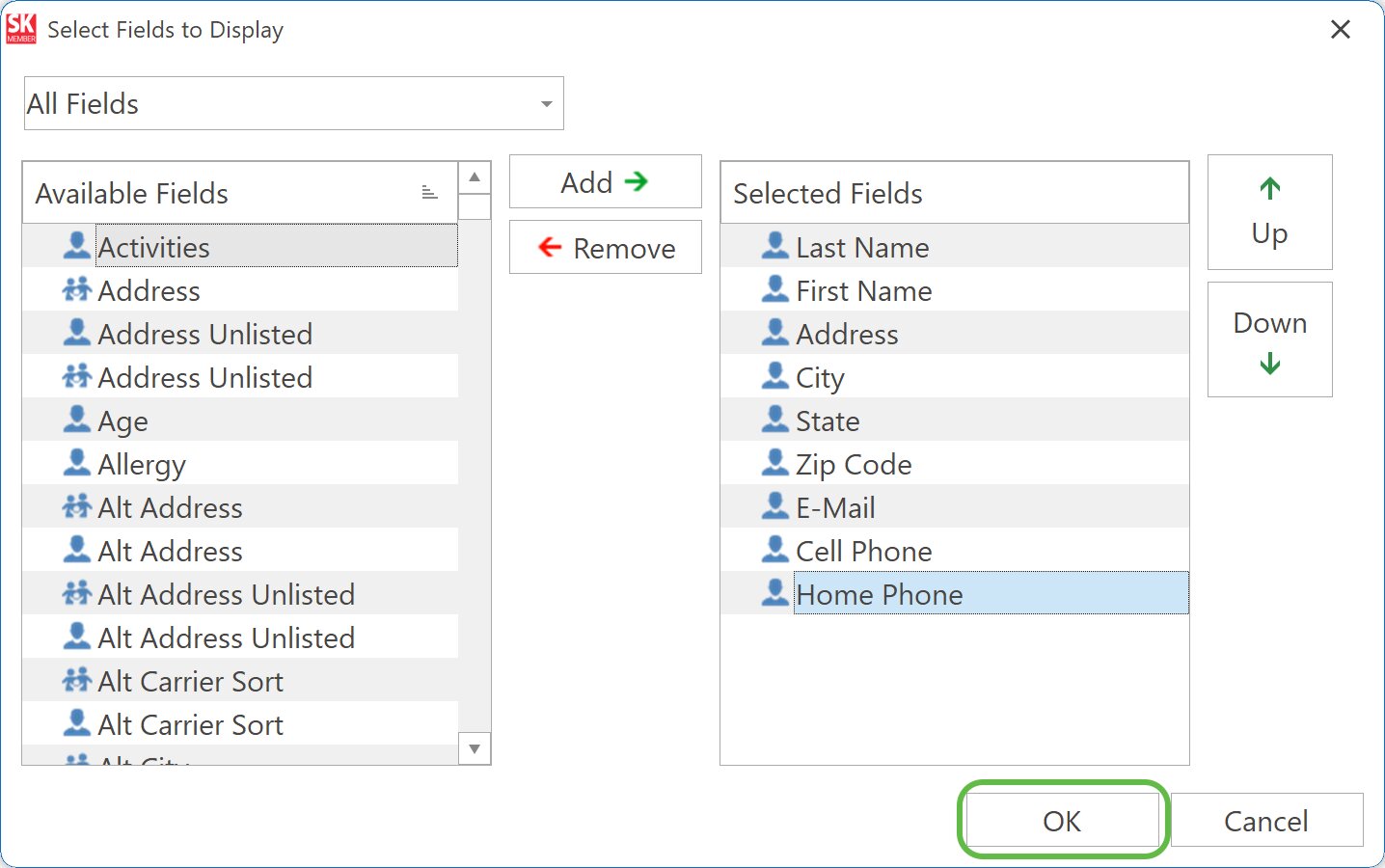 Select Fields To Display Window