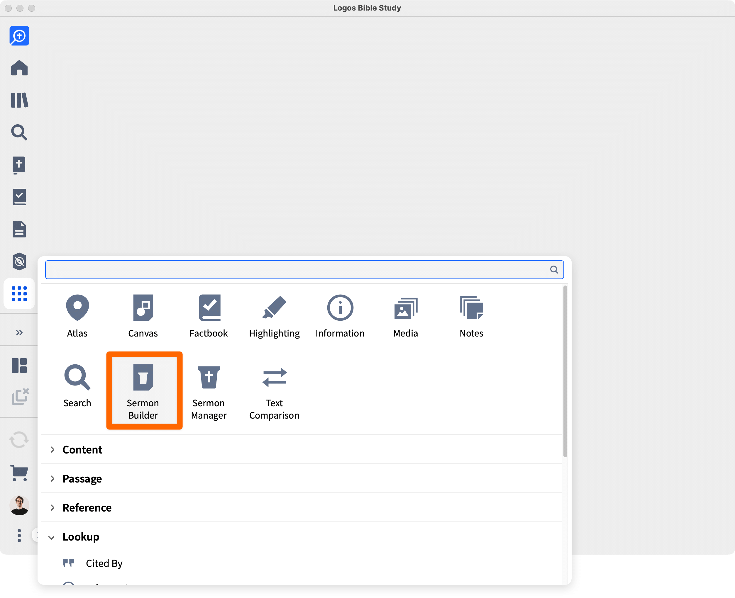 tools menu open with sermon builder called out