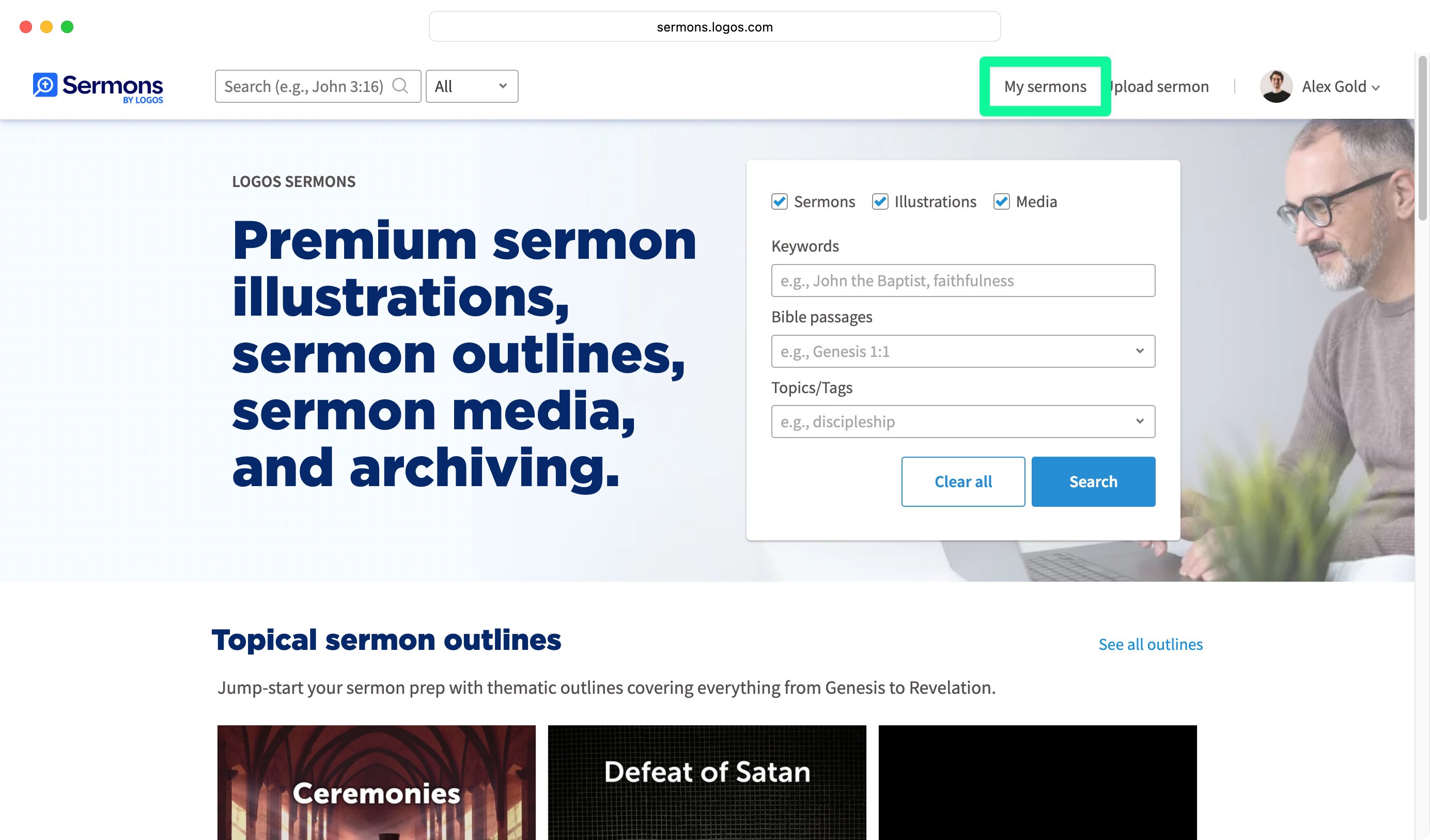 Logos Sermons homepage with My Sermons menu option highlighted