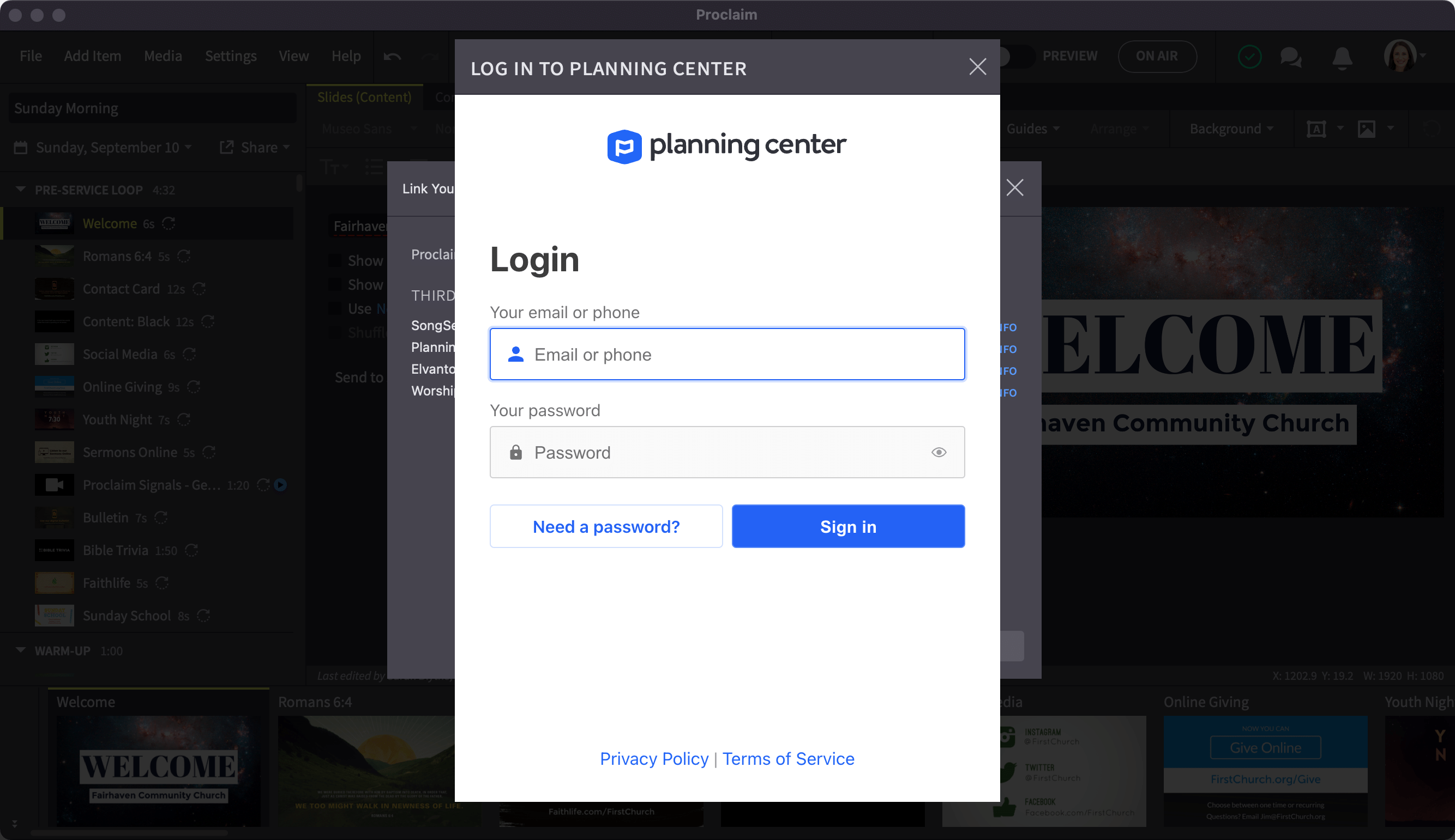 Proclaim with Planning Center Online popup visible showing username and password fields