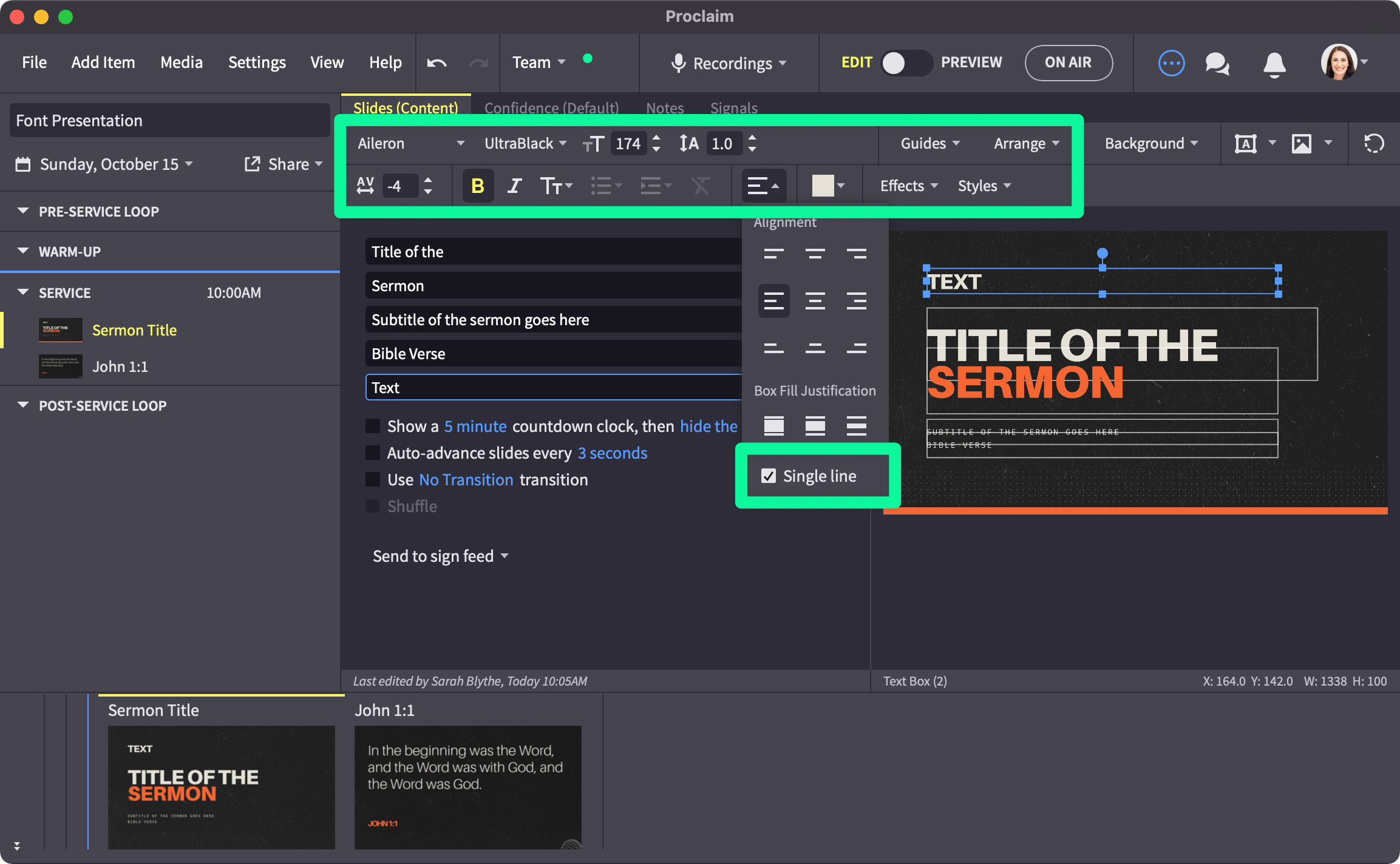 text editing toolbar visible with single line option highlighted