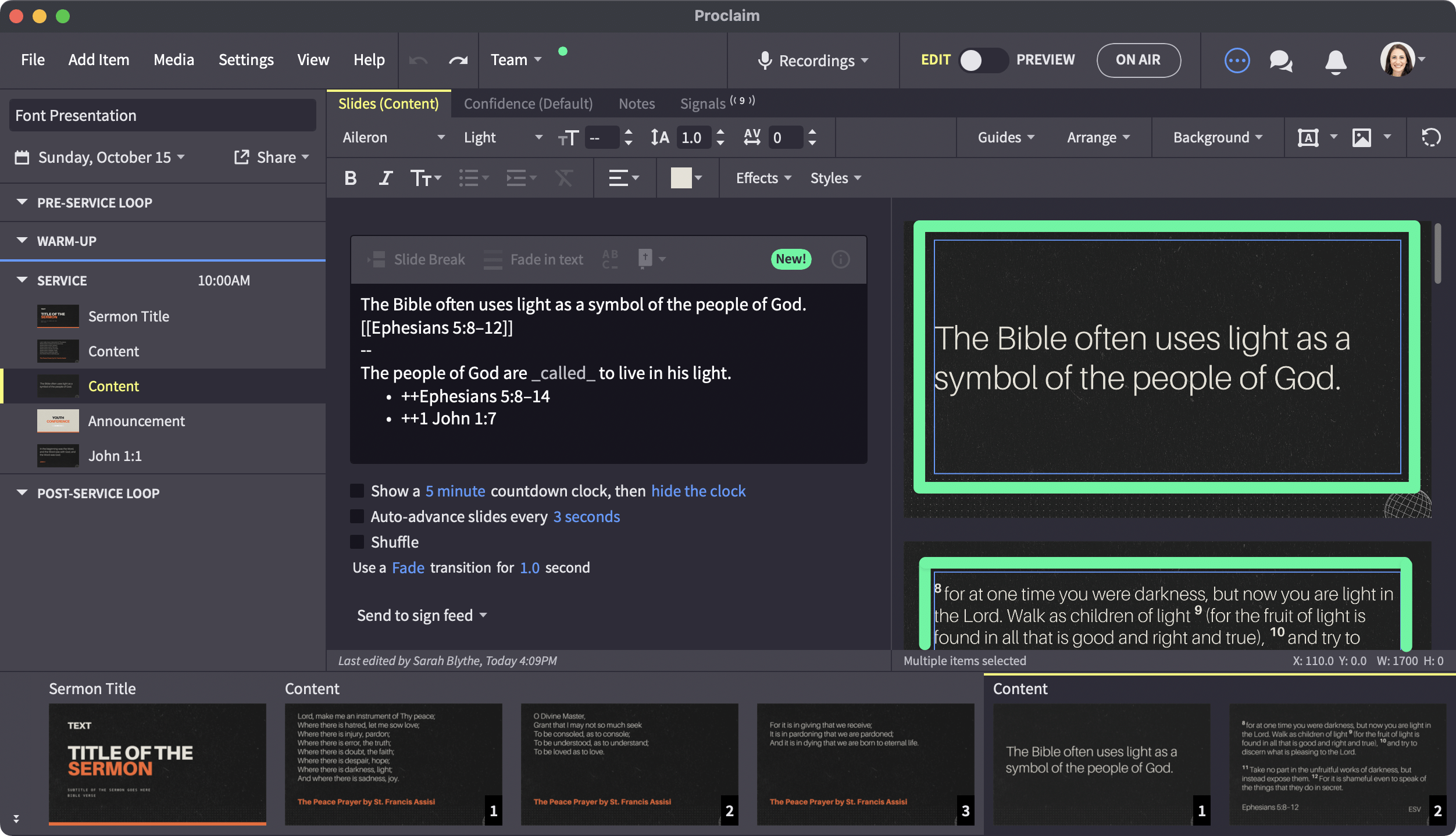 Multiple textboxes selected in the Proclaim preview