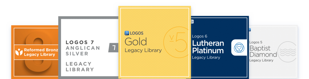 Collage of five legacy libaries: Reformed Bronze Legacy Library, Logos 7 Anglican Silver, Logos Gold, Logos 6 Lutheran Platinum and Logos 5 Baptist Diamond