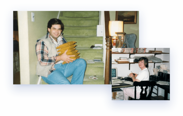 Two images, one with Bob Pritchett holding packages of Logos to mail out sitting on steps the other with his mother sitting at a computer desk.
