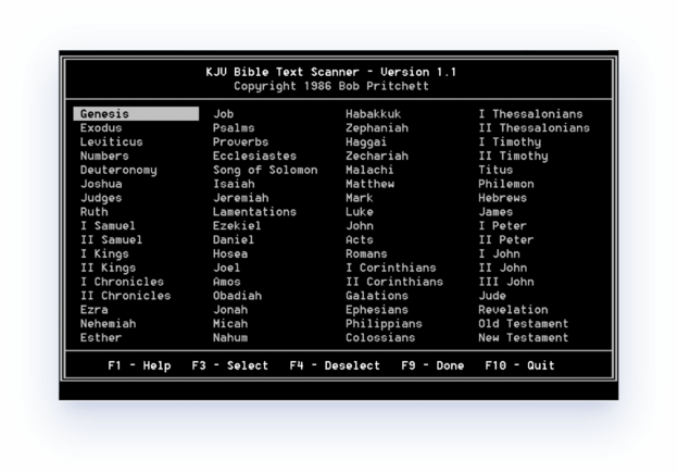 Computer screen showing the 1986 computer program KJV Bible Text Scanner
