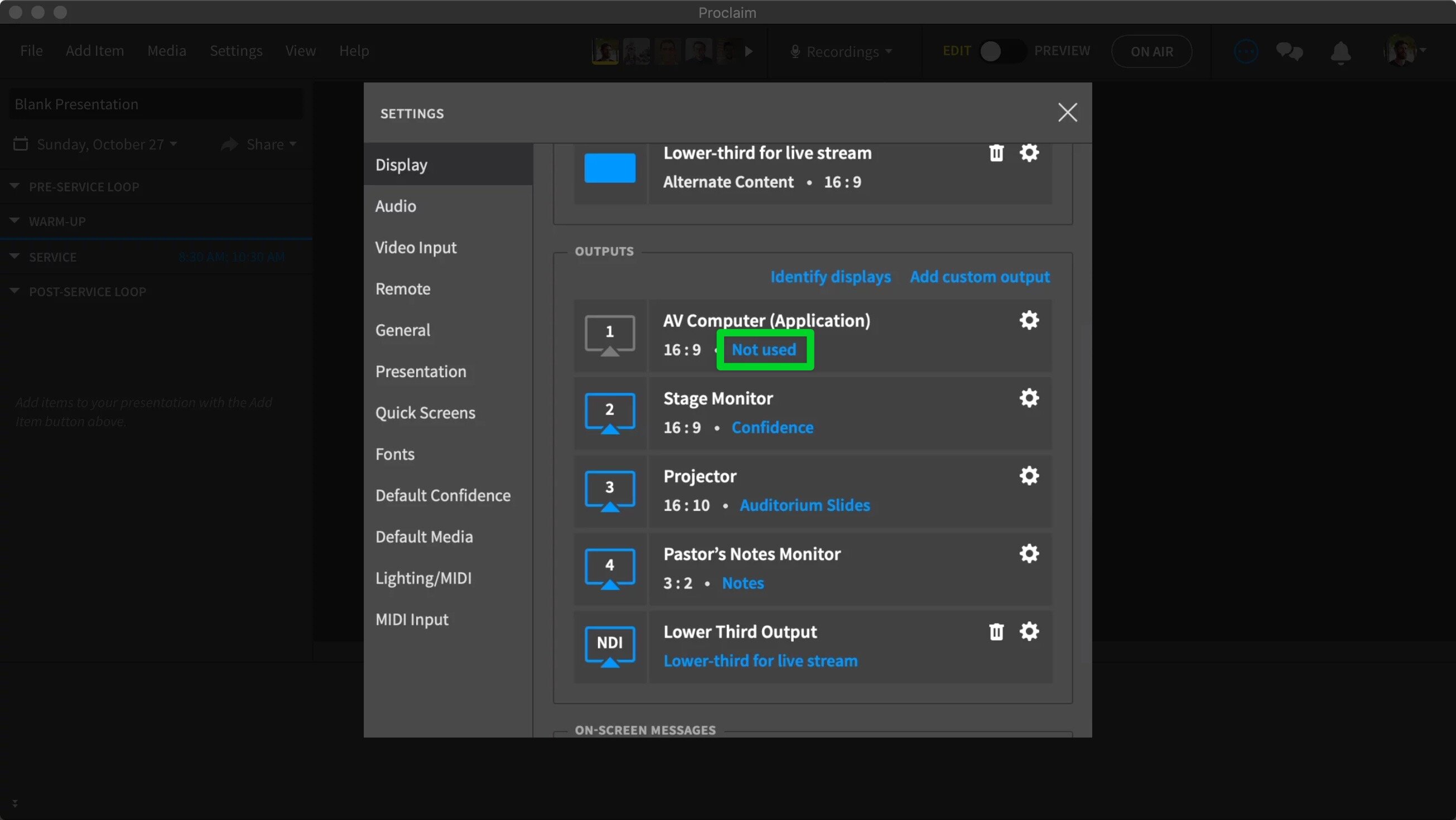 Set computer output to Not Used