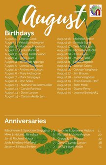2022 August Birthday/Anniversary List