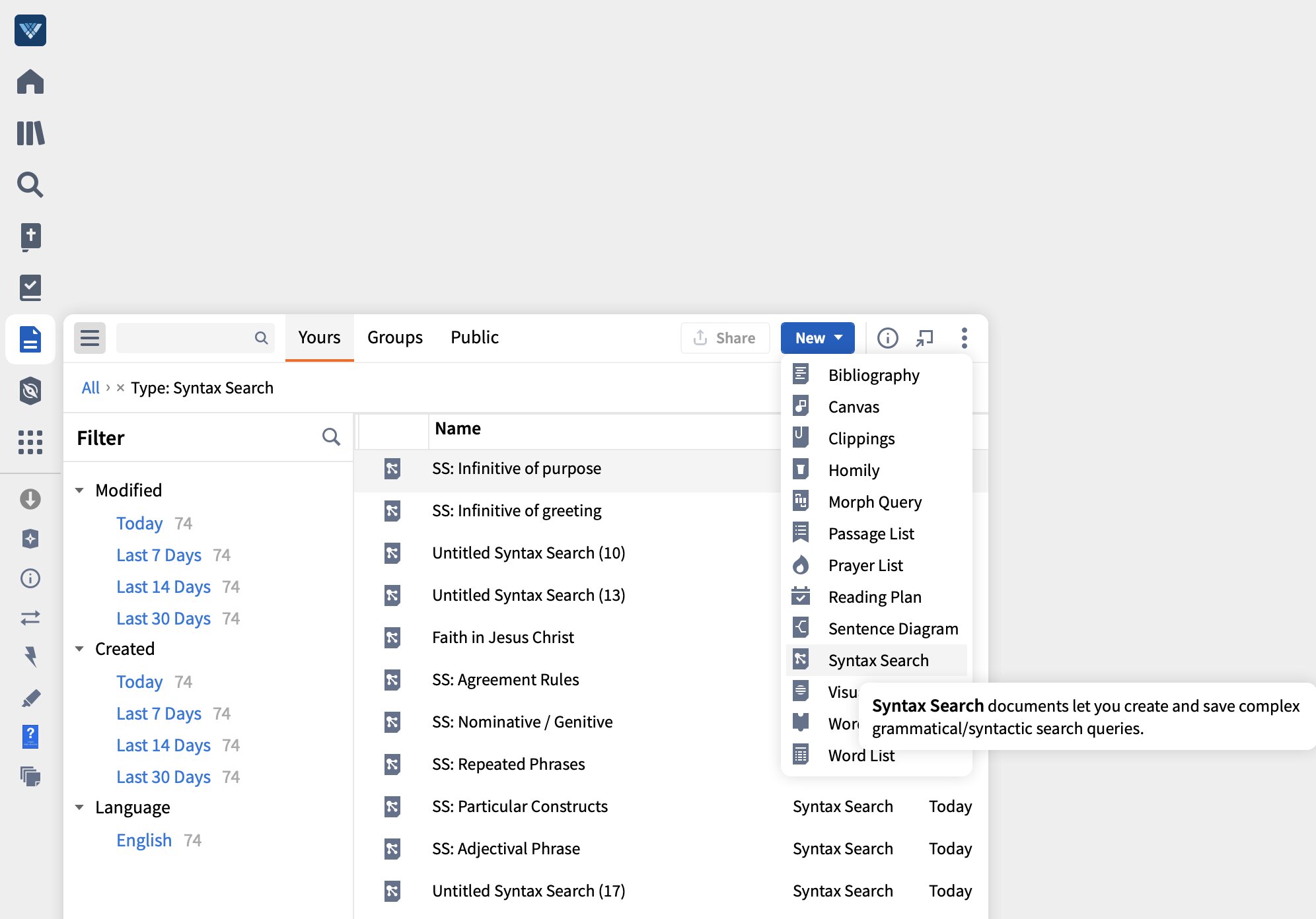 Creating a Syntax Search from the Docs Menu