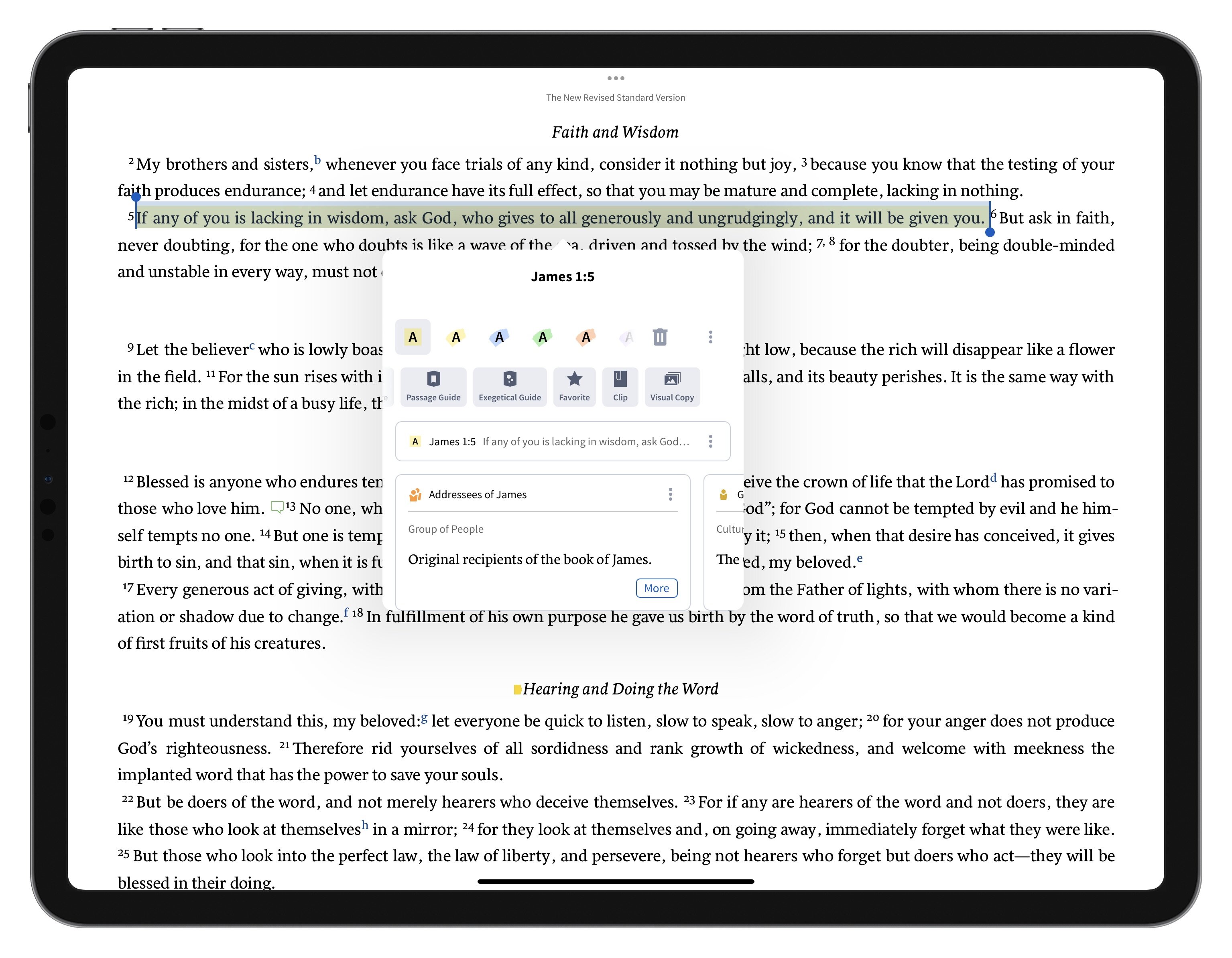 A picture of an iPad with a resource open and some text selected. A menu has appeared which allows the user to select a highlight style, view the Passage Guide, and more.
