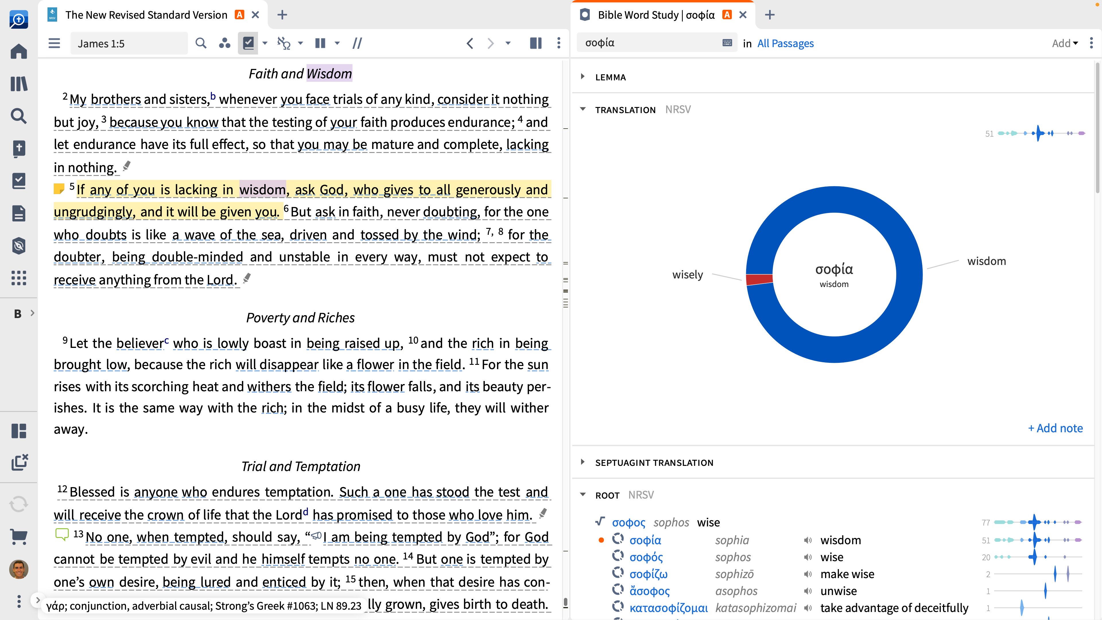 Logos desktop software is open on a computer. There are two panes open: the one on the left has the English Standard Version open to Mark 1:1. The pane on the right side is open to a Bible Word Study of the Greek word for wilderness. 