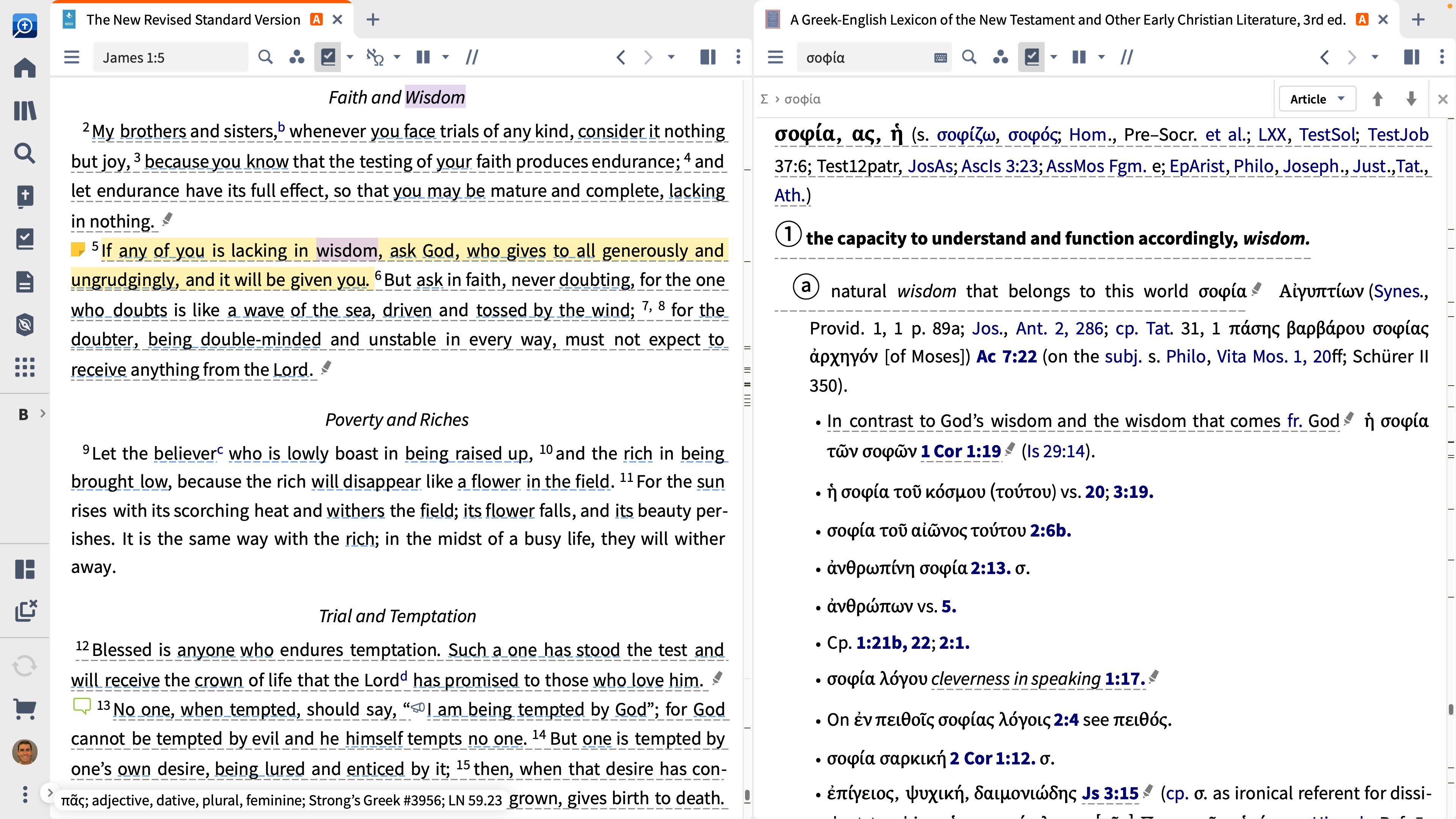 Logos desktop software is open on a computer. There are two panes open: the one on the left has the English Standard Version open to John 15:2. The pane on the right side is open to A Greek-English Lexicon of the New Testament and Other Early Christian Literature, 3rd ed. They are studying the word ’fruit.’