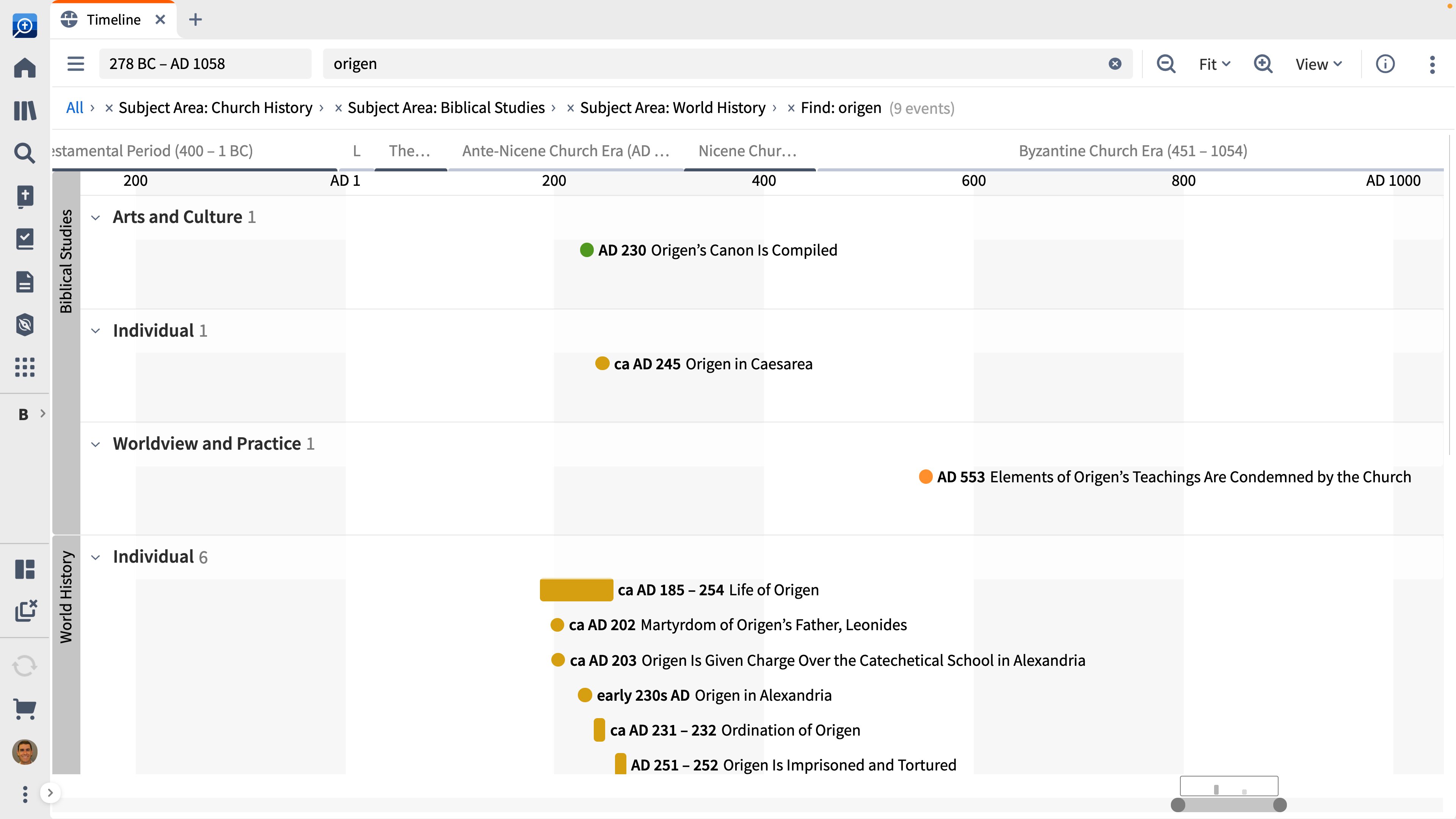 Logos is open on a desktop computer with a panel open to the Timeline. It's focused on the second century, A.D. The user has hovered over an event called The Life of Bishop Irenaeus, and a popup has appeared. This popup shows significant events in Bishop Irenaeus' life and links you to more places in Logos where you can learn about them.