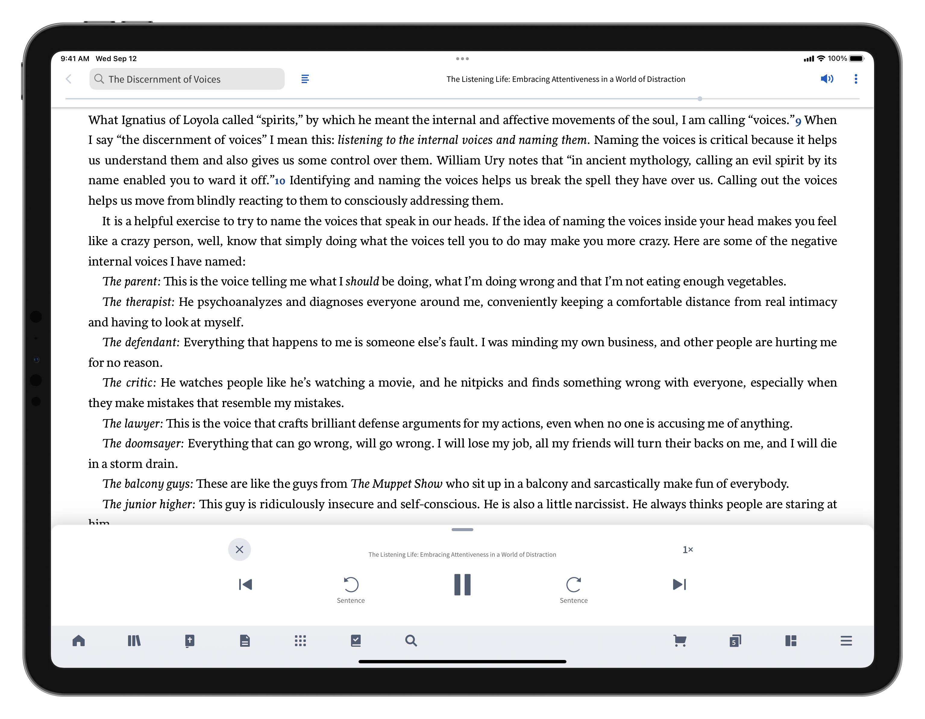 A picture of an iPad with a resource open with the Read Aloud feature working. There is a big pause button toward the bottom of the screen, indicating that the audio is playing.