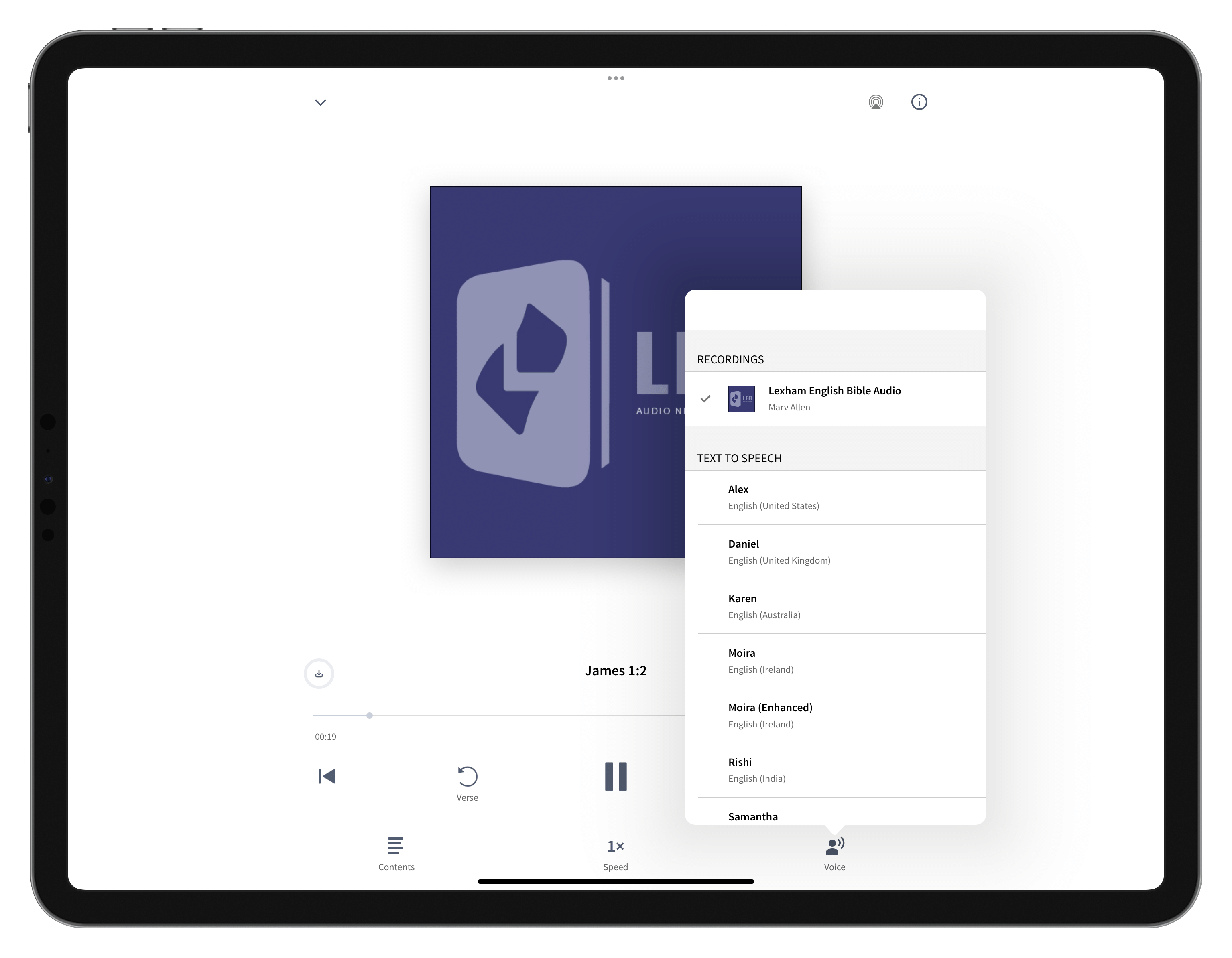 A picture of an iPad with an audio resource open. A menu is open that allows the user to select which voice they'd like to hear the resource being read in: official recordings or various text-to-speech options with different accents.