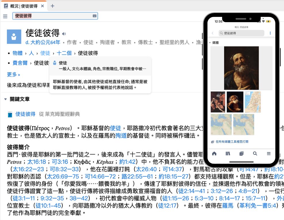 一台運行 Logos Bible Software 的筆記型電腦，打開的面板包含一本聖經、圖書翻譯、打開的希臘文字典一本地圖集等