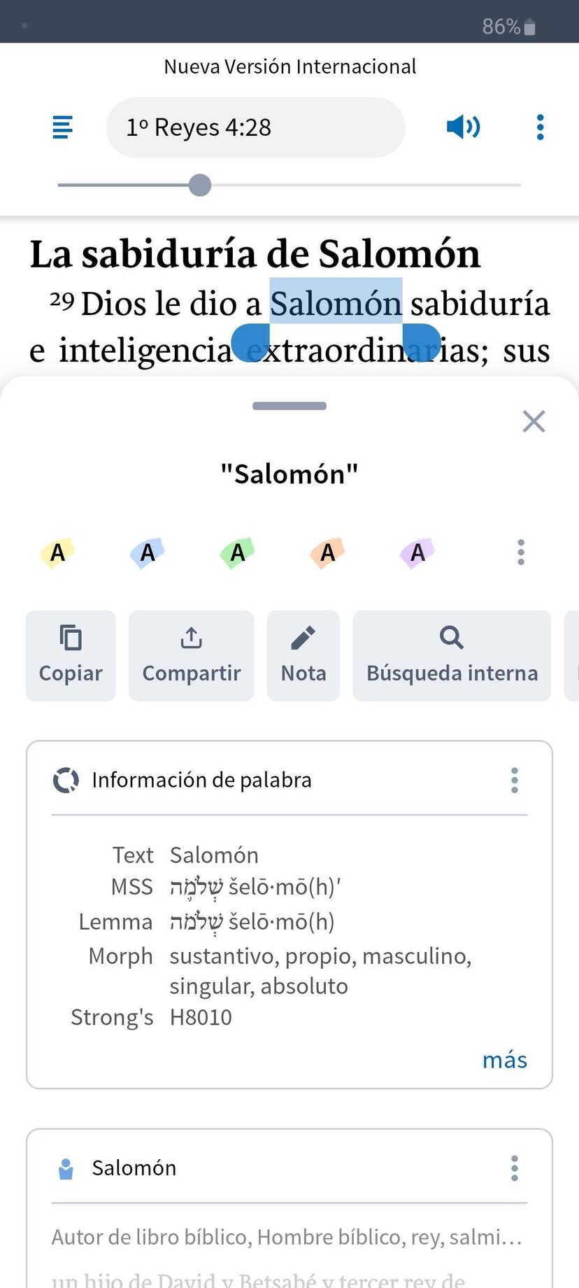 Screen shot of mobile phone showing getting details for selected text