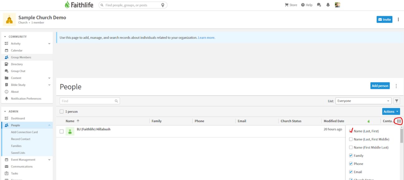 A screenshot showing a church's people records on Faithlife. The user has clicked on the three vertical lines button and checked the 'Name (Last, First)' option