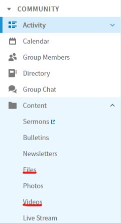 The sidebar of a Faithlife Group. The Content option is expanded and Files and Videos are both highlighted.