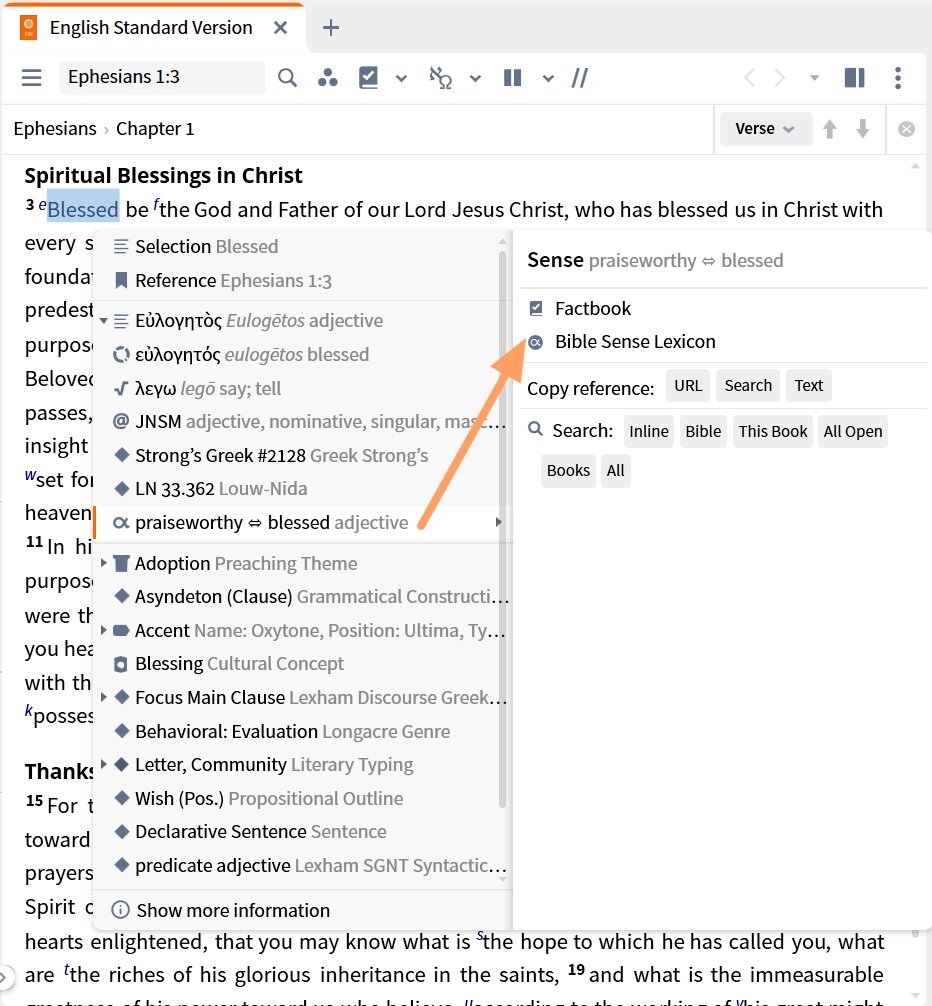 Open Bible Sense Lexicon from Context Menu