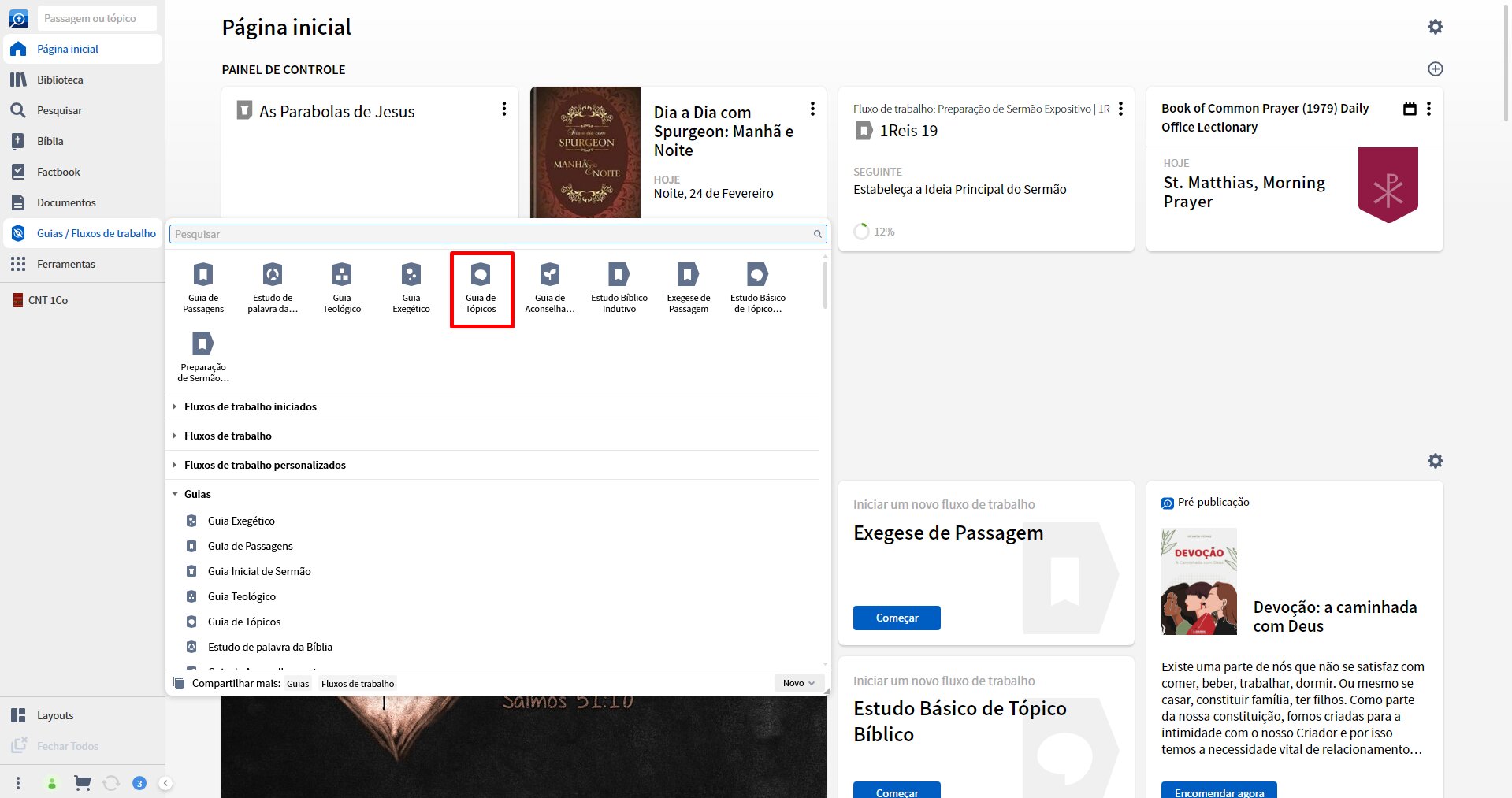 1 Selecionar Guia de Tópicos do Menu Guias