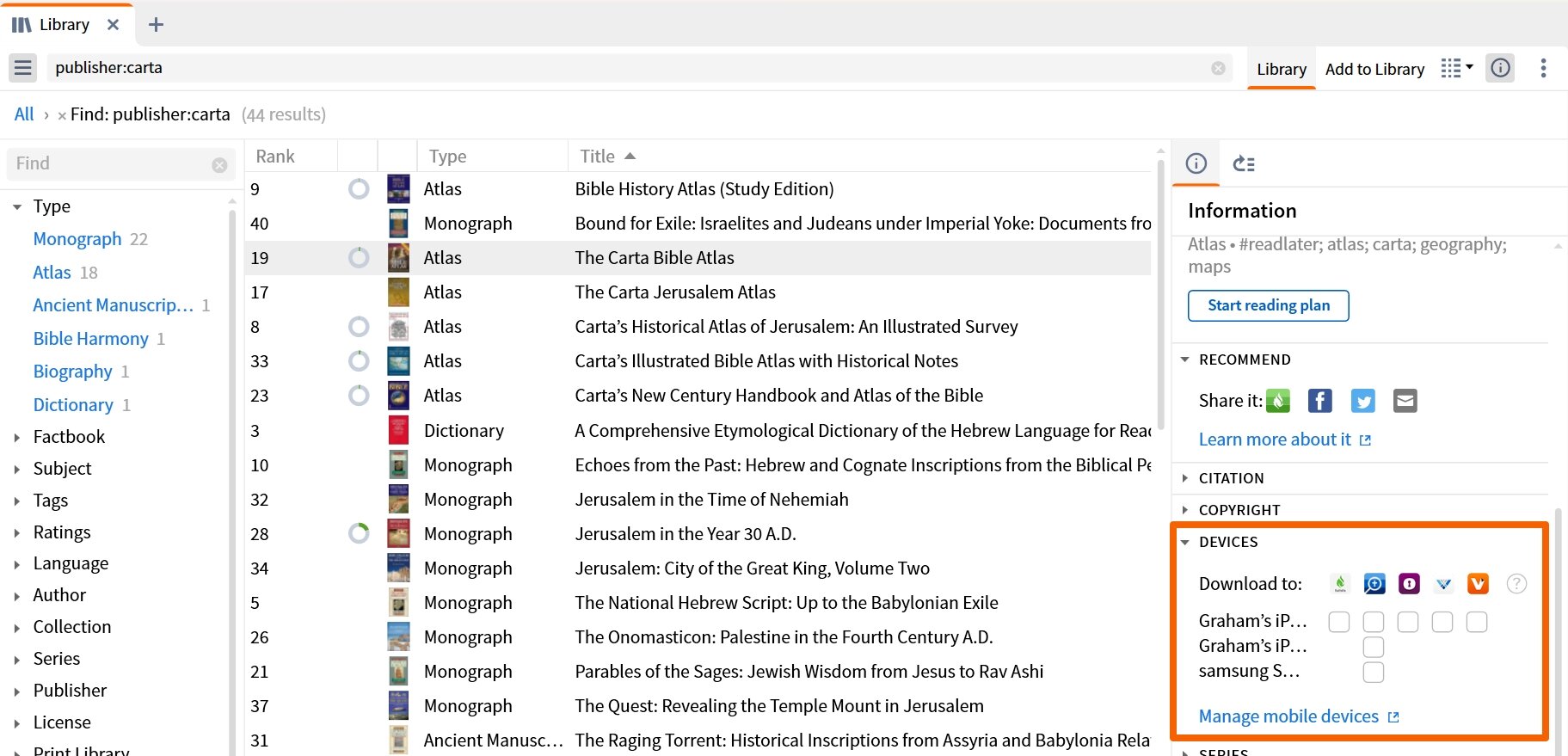 Manage books on mobile devices