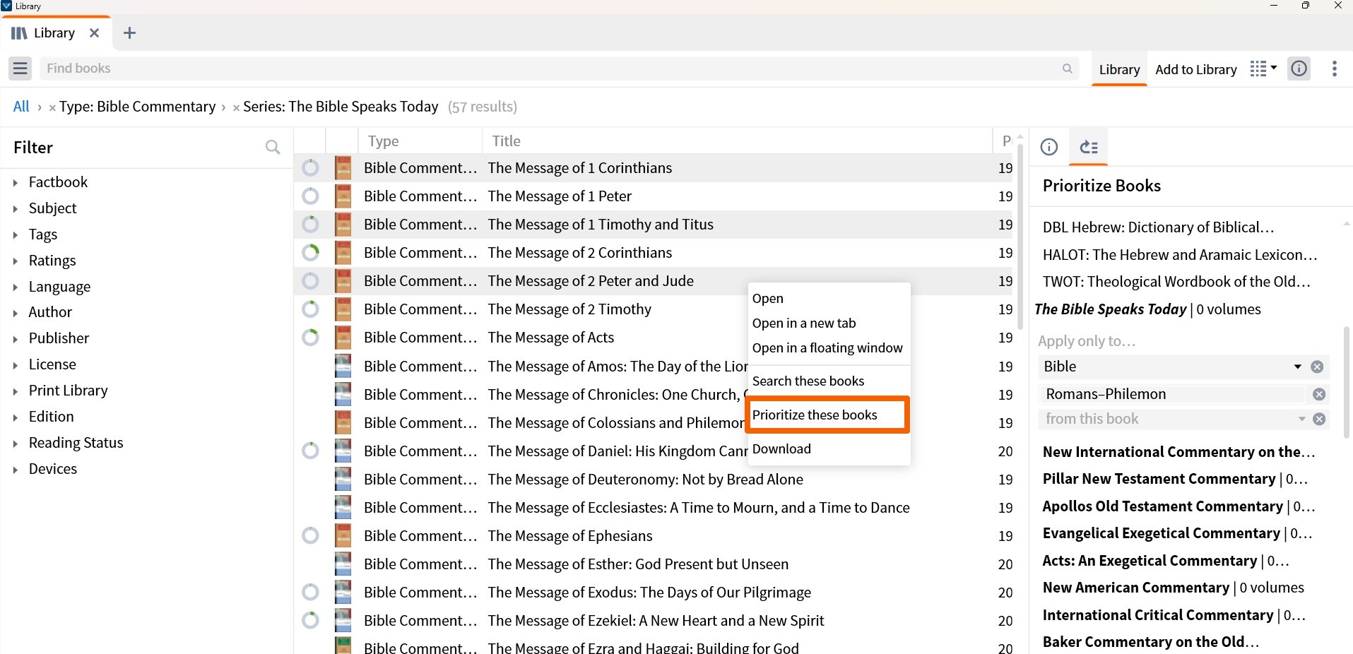 Drag books to the prioritization pane