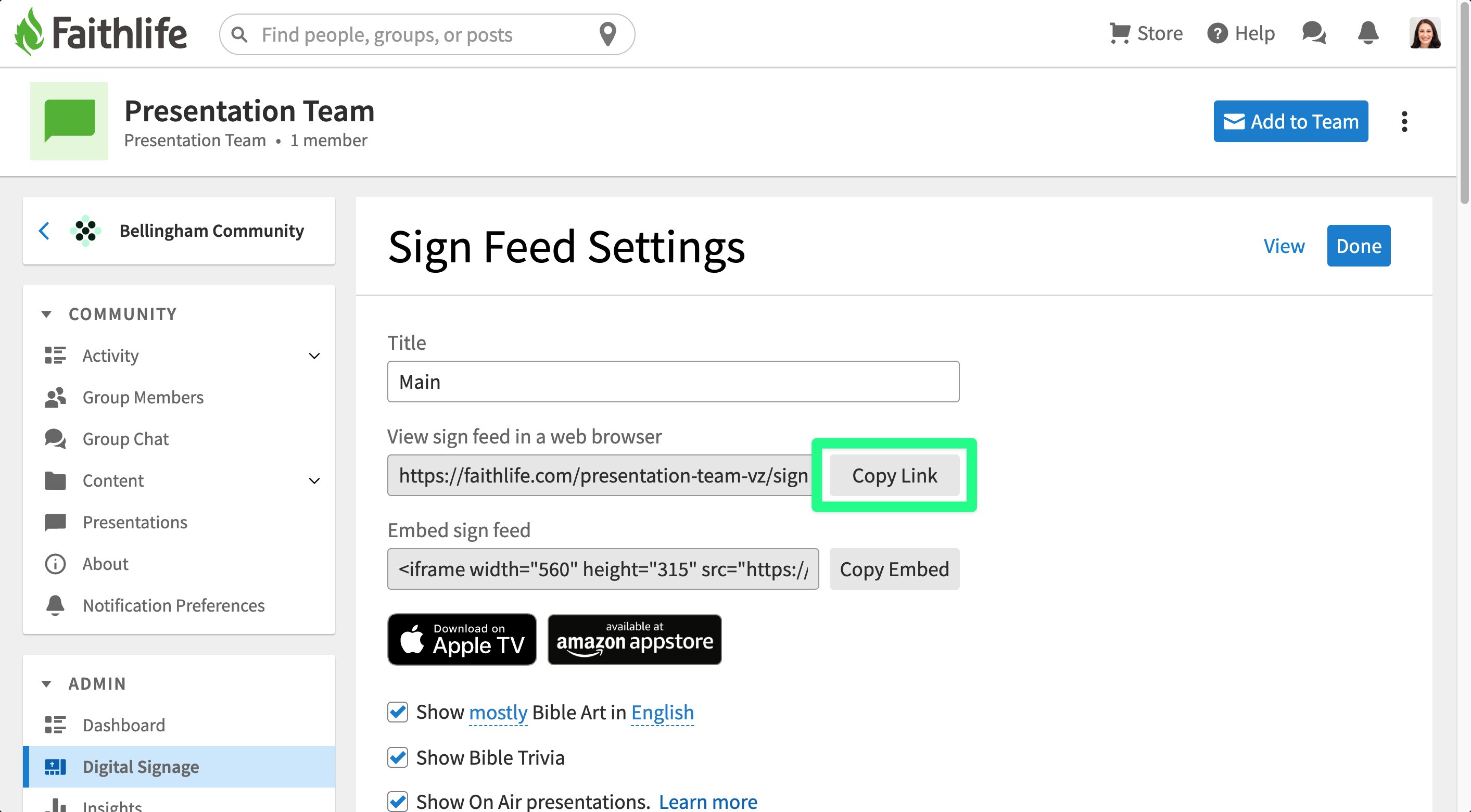 Copy Link To View Your Sign Feed In A Browser