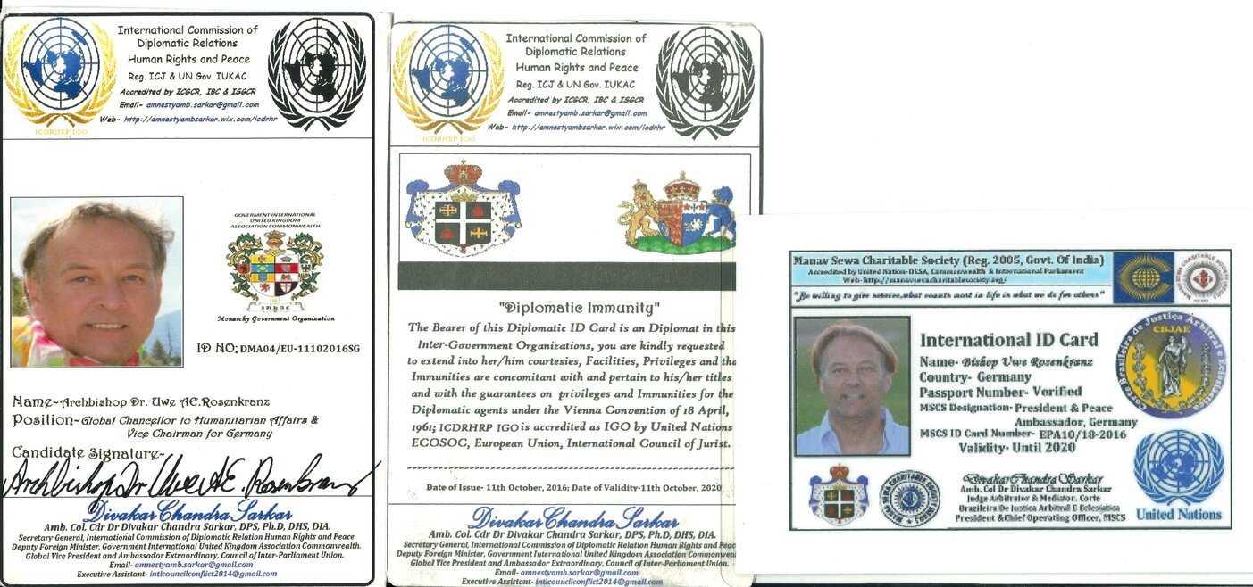 Credential Documents Lord Archbishop Dr. Uwe A. E. Rosenkranz