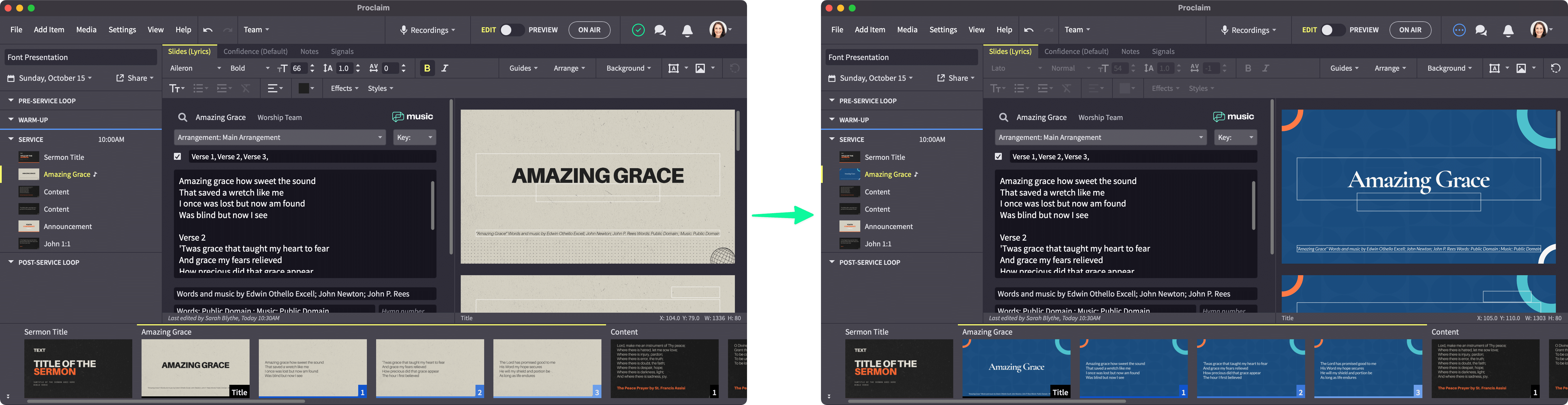 side-by-side comparison of the same slide with two different applied smart media packages