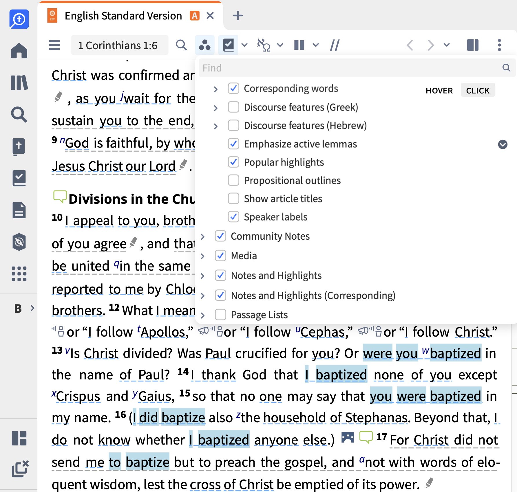 Logos desktop software is open on a computer, with a two pane. The one on the lefthand side is open to a Bible Word Study. The one on the right is open to Matthew 5, and has the Emphasize Active Lemmas Visual Filter. It’s highlighting all of the instances of ‘blessed’ in the beatitudes.