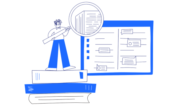 Illustration of a man standing on a stack of books holding a magnifying glass examining an application.