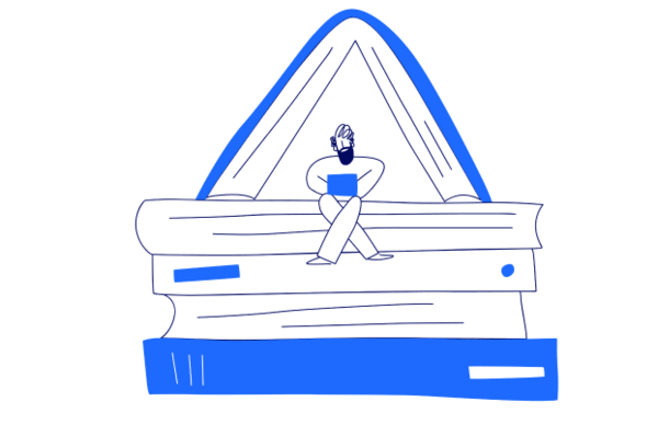 Illustration of man sitting on a stack of books with a laptop in his lap. One book is opened above him as a roof and the other books are setup as the base of a house.