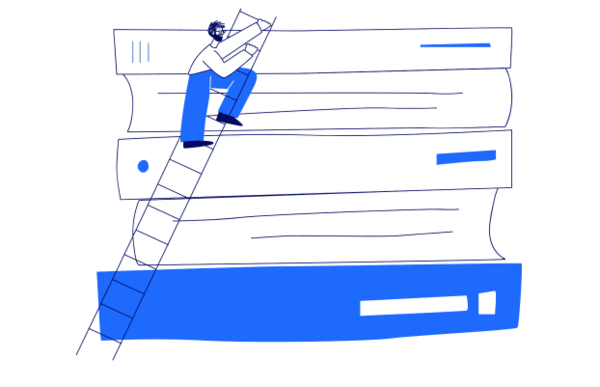 Illustration of a man climbing a ladder diagonally up a stack of books.