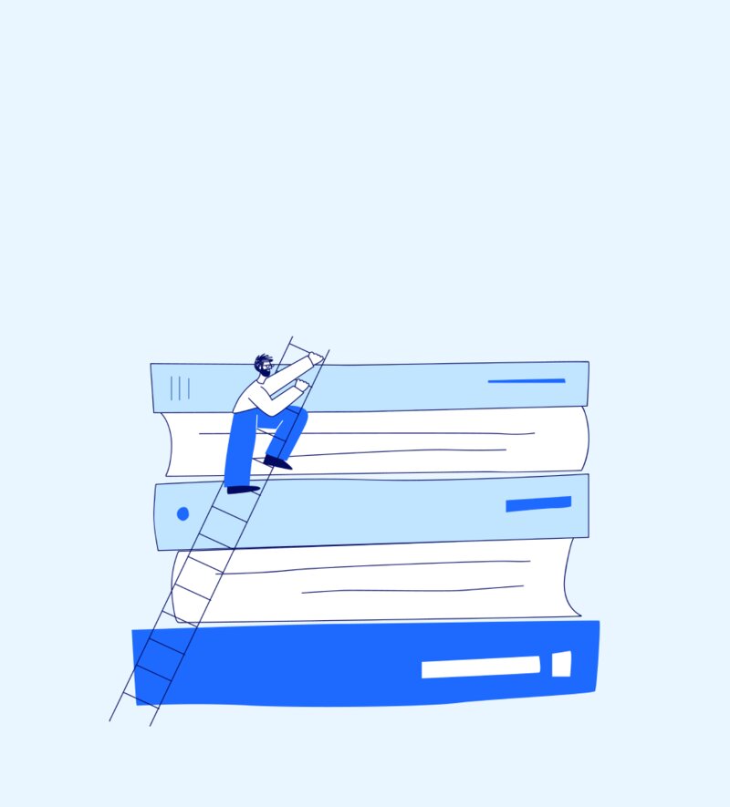 Illustration of a man climbing a ladder diagonally up a stack of books.