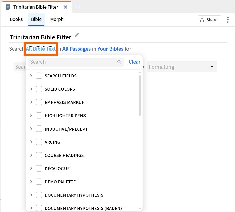 Visual Filter - Bible Type Search Fields