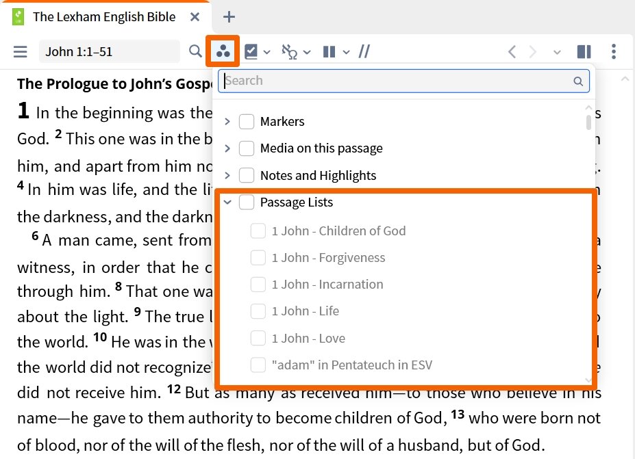 Resource Toolbar - Passage Lists