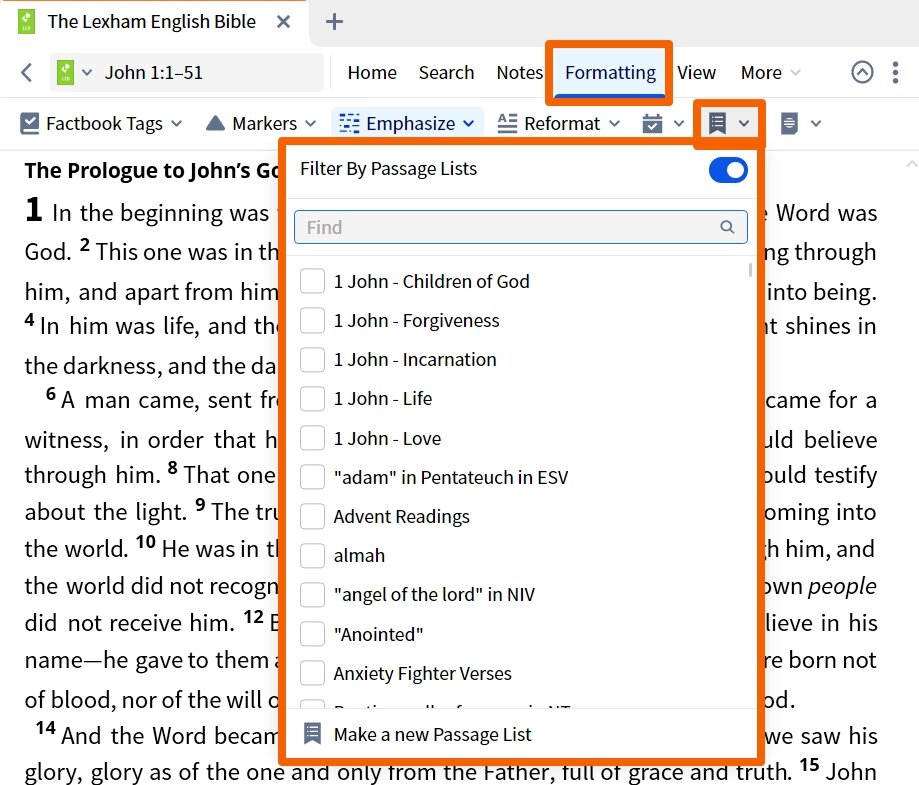 Dynamic Toolbar - Passage Lists